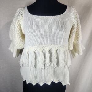 NWOT BiBi S Cream Sweater Baby Doll Deep‎ Scoop Fringe Detail Puff Sleeve Boho